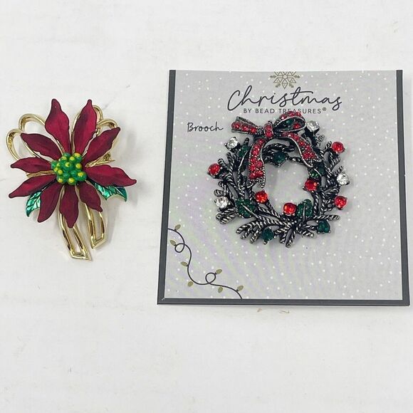 Lot 2 Christmas Pins Brooches Holiday Rhinestone Silver Gold Wreath Poinsettia - Picture 1 of 7
